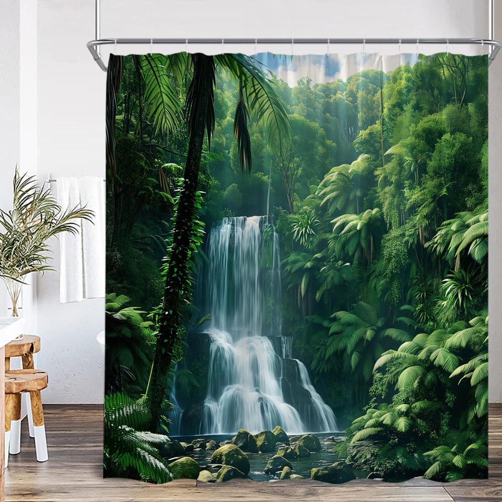 Natural Landscape Waterfall Forest Shower Curtain Scenery Green Leaves Plants Bathroom Decor Polyester Bath Curtain for Home