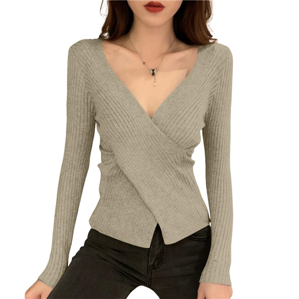 Women's V-neck Sweater Bottoming Shirt With Long Sleeves Cross-fitting Knitted Tights