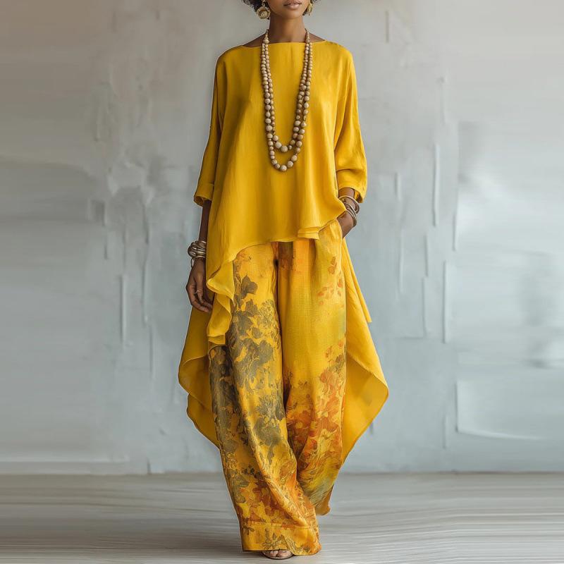 2026 European and American Women's Fashion Digital Print Wide-Leg Pants + Crew Neck Long-Sleeve Solid Color Top Two-Piece Set