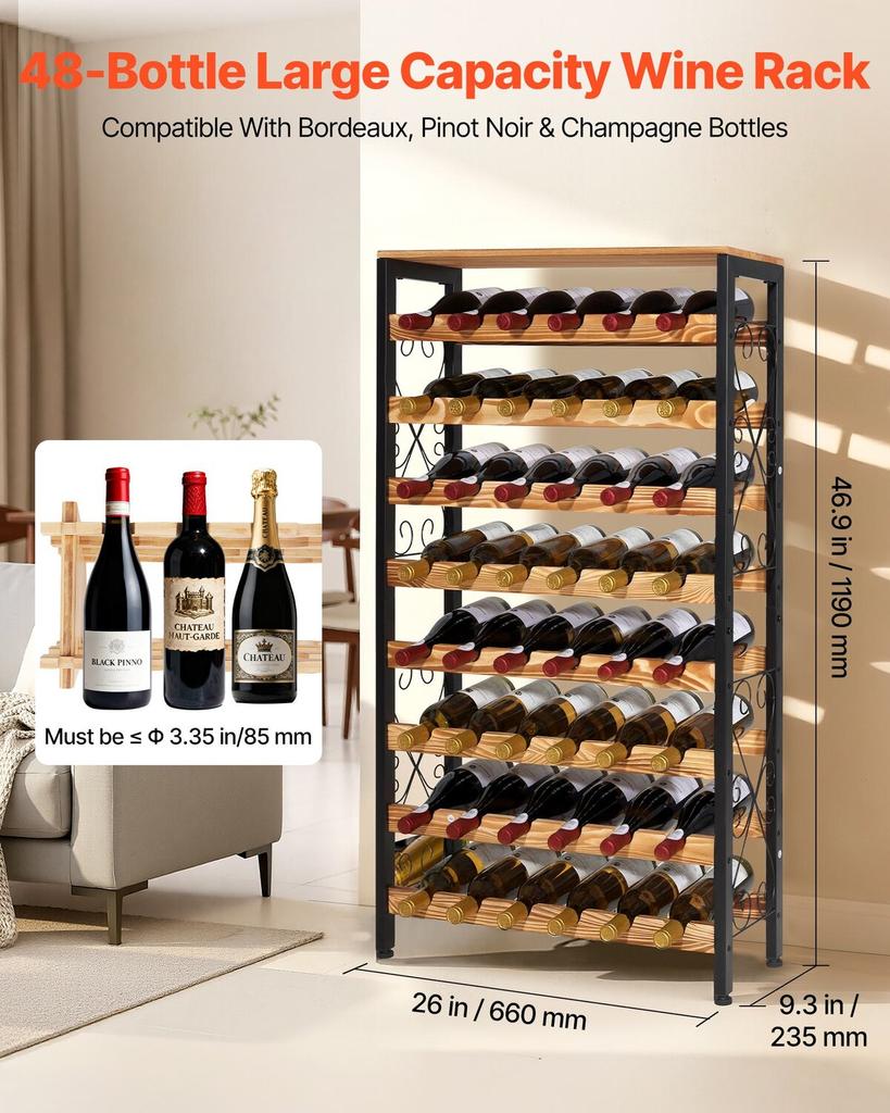 48 Bottle Wine Rack,8-Tier Iron Wine Bottle Holder With Wood Table Top,Freestanding Floor Display Wine Storage Shelves,For Kitchen Pantry, Cellar,