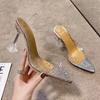 European and American Large Size Transparent High-heeled Sandals Women's Summer High-heeled One-word Rhinestone Fish Mouth Shoes Thin High-heeled