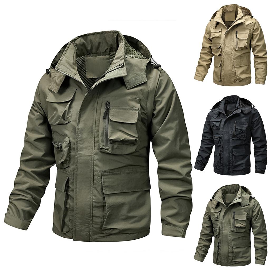 Men's Solid Color Detachable Outdoor Workwear Casual Loose Zipper Pocket Long Sleeve Jacket