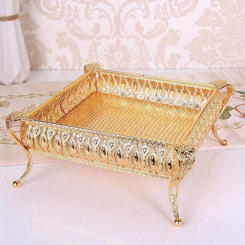 Винтажный роскошный золотой поднос для фруктов, золотая круглая квадратная тарелка для фруктов, многоцелевая металлическая закусочная бижутерия для домашнего стола, тарелка для хранения, столовая одежда