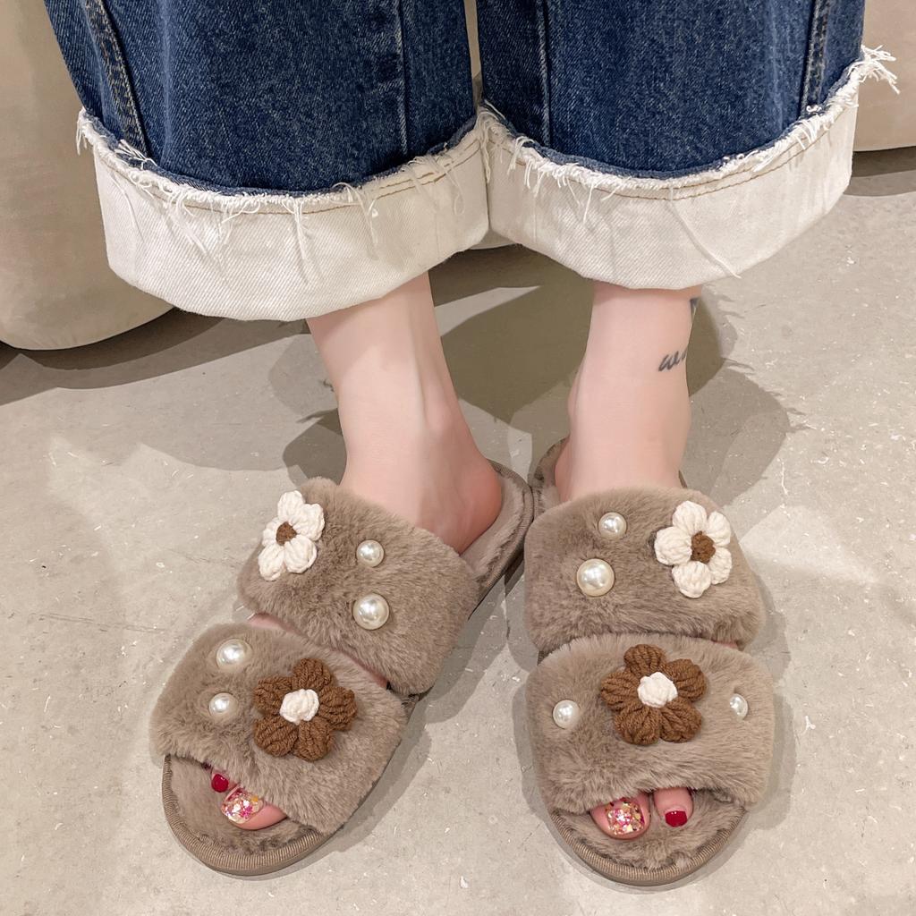 Мода 2024 Зима Новые женские домашние однотонные цветочные жемчужные пушистые хлопковые тапочки