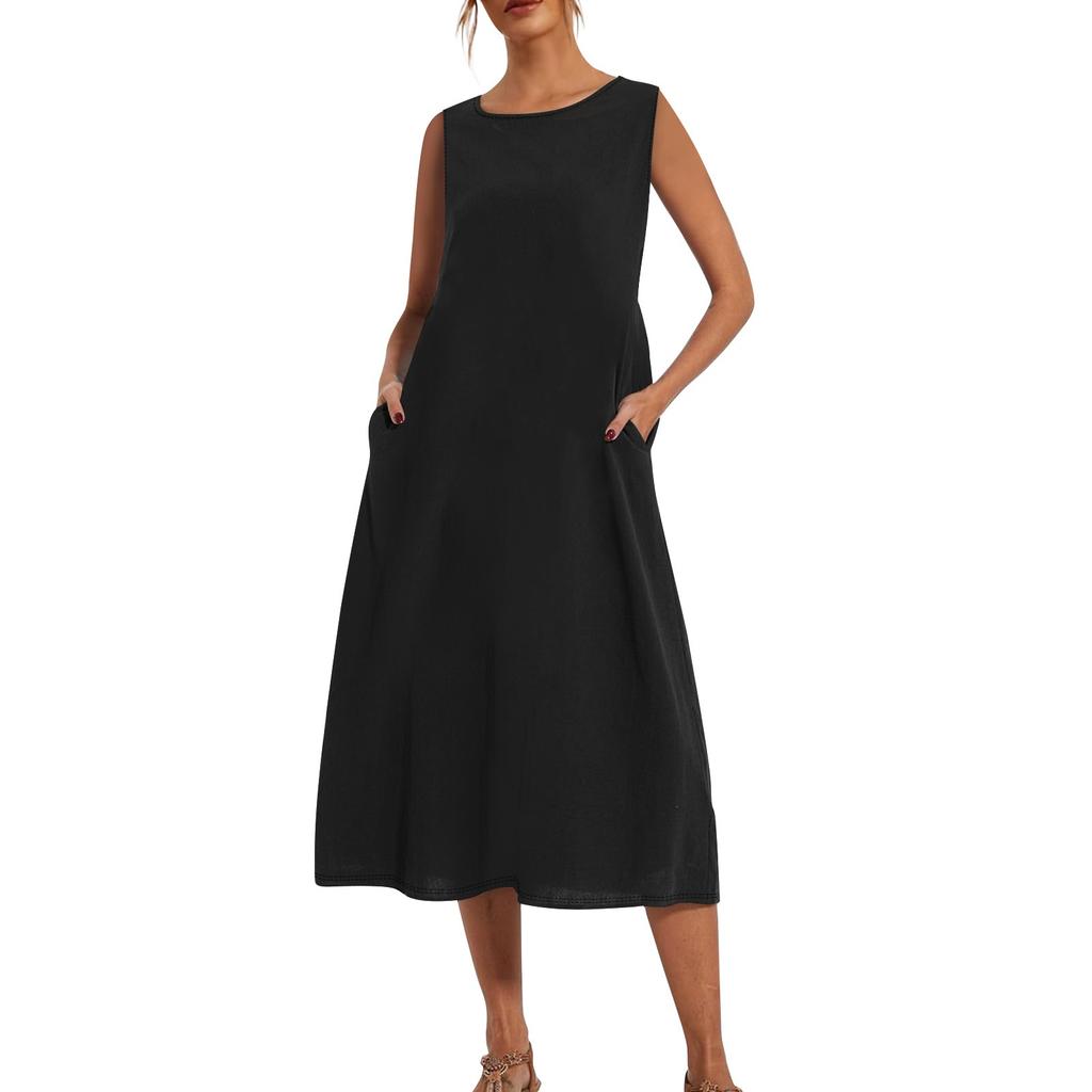 Женское модное летнее однотонное свободное платье без рукавов свободного кроя средней длины