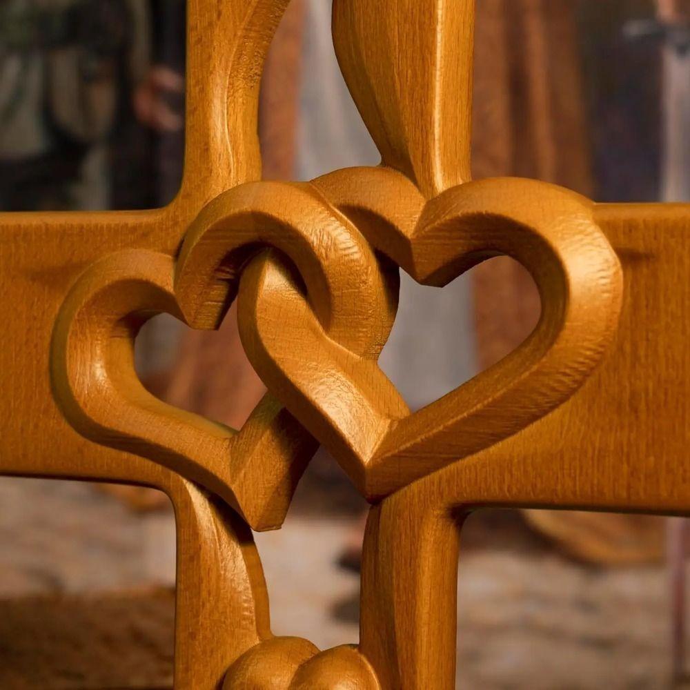 Solid Wood Intertwined Heart Wooden Cross Christian Log Cross Pendant Valentine's Day