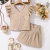 Модный костюм для девочек 2025 года, летний детский повседневный костюм с V-образным вырезом и короткими рукавами, топ и шорты