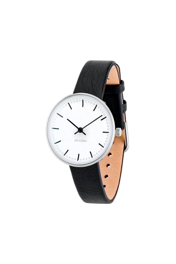 ARNE JACOBSEN CITYHALL 53200-1401 Watch, 30mm, Scandinavian Design, Water Resistant (Quiet Design with No Second Hand), White with Black Leather Strap