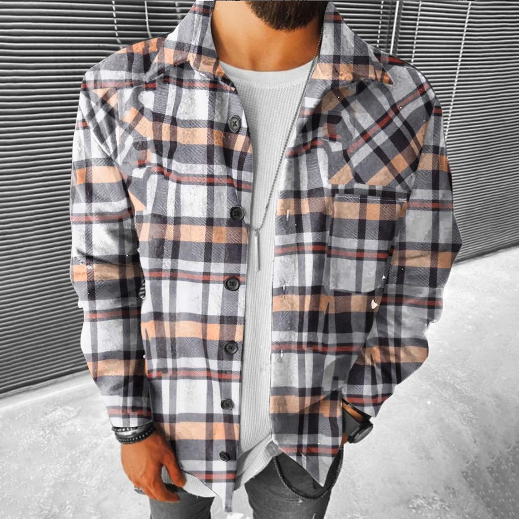 Мужские клетчатые рубашки с длинным рукавом, фланелевая куртка с лацканами на пуговицах и карманами, пальто
