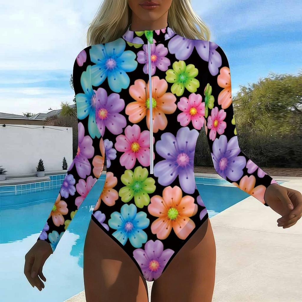 Women Long Sleeve One Piece Swimsuit Zip Front Texture Floral Fragments Print Rash Guard Surfing Bathing Suit