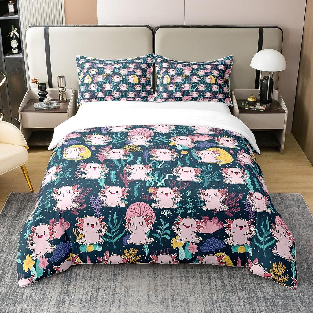 Cartoon Axolotl Bedding Set Twin Full Size Cute Ocean Animal Duvet Cover with 2 Pillow Sham Pink Comforter Cover Set Decorative
