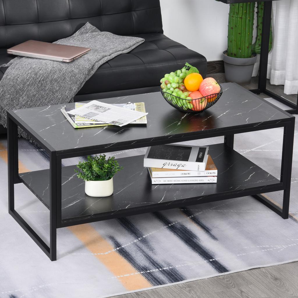 Coffee Table, Two-Tier Faux Marble Effect Centre Table with Metal Frame and Storage Shelf for Living Room, 106 x 50 x 45cm, Black