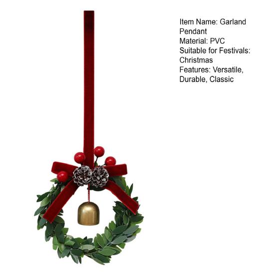 Christmas Bell Wreath Hanging Ornament Mini PVC Garland with Red Bow Xmas Tree Decor