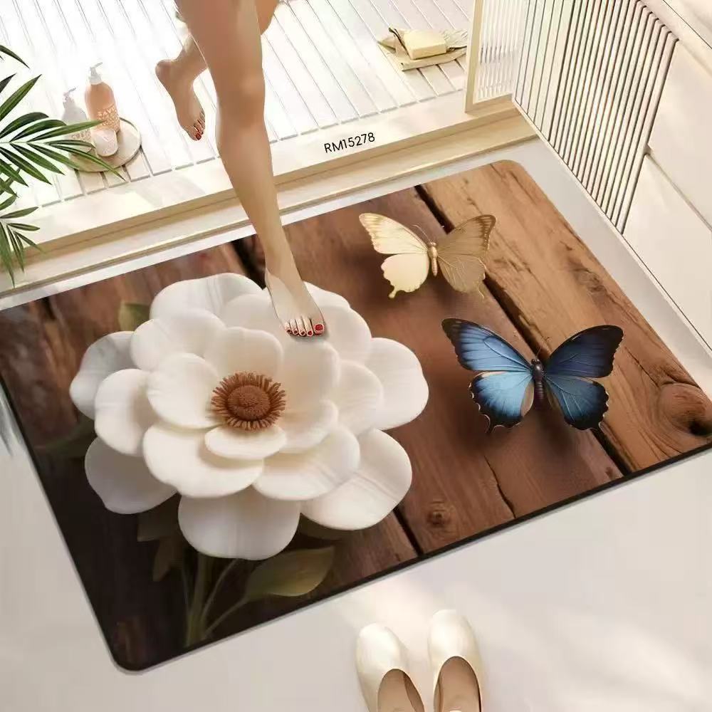 American Farmhouse Floral Doormat, 2D Wood Flower & Butterfly Non-Slip Home Entryway Rug  Floor Mat Kitchen Mat Door Mat