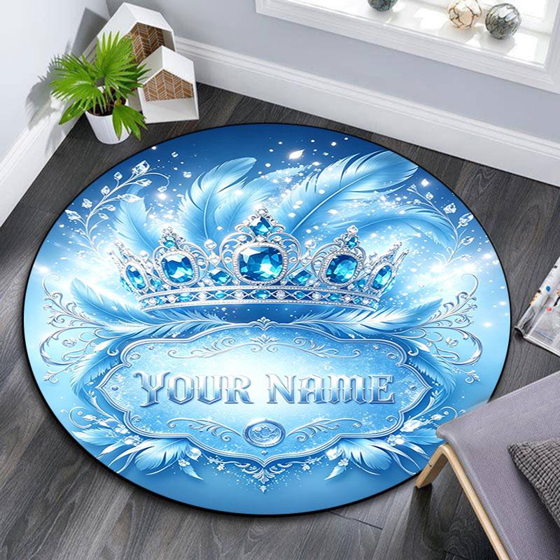 Custom Name,Elegant Crown Feather Series pattern round rug,Carpet Rug for Living Room Bedroom Playroom ,Non-slip Floor Mat,Holiday Gifts and Birthday