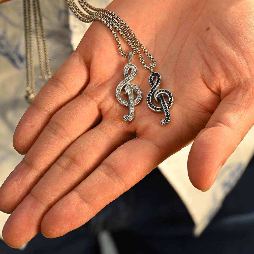 Vnox Stylish Music Symbol Necklace for Men Boys, Musical Note Pendant with Black/White Zircon Stainless Steel Box Chain Necklace