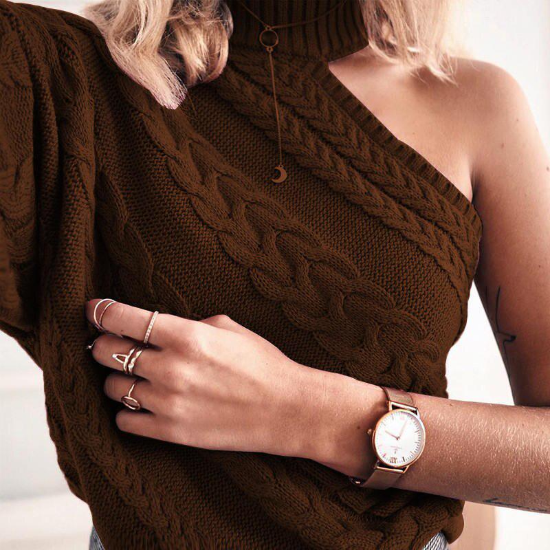 Осень Новая Весна Многоцветный Свитер с Узором Косички Женский Вязаный С Открытым Одним Плечом Женские Свитера Пуловер