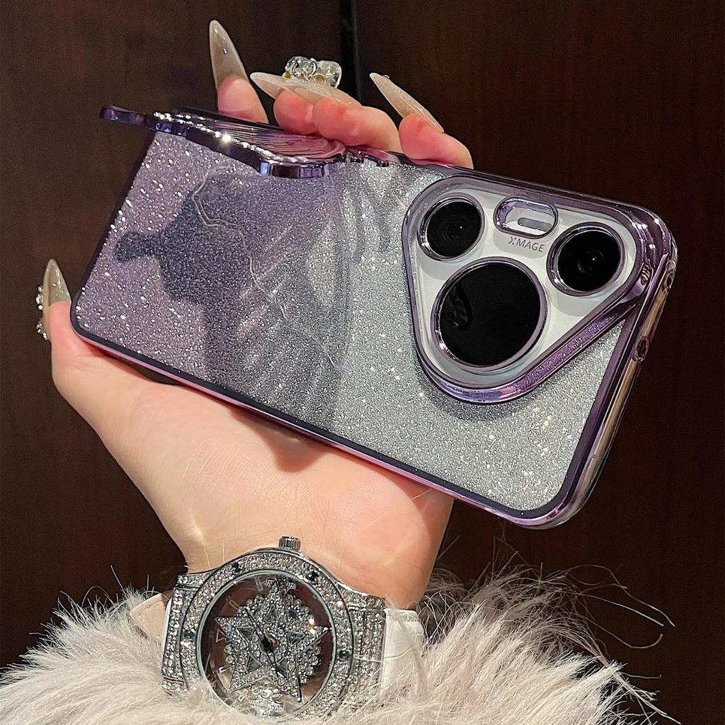 Applicable to Huawei Pura70Pro gradual change glitter mobile phone case Mate70 quicksand butterfly bracket nova12 protection