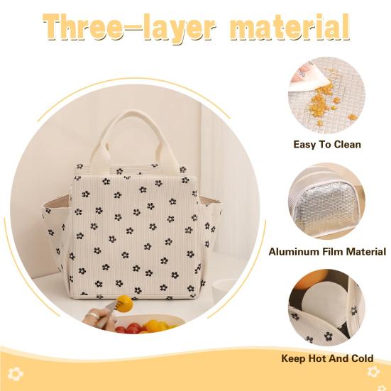 Corduroy Lunch Bag with Handle Waterproof Large Capacity Reusable Insulated Lunch Box Water Bottle Holder with Side Pockets