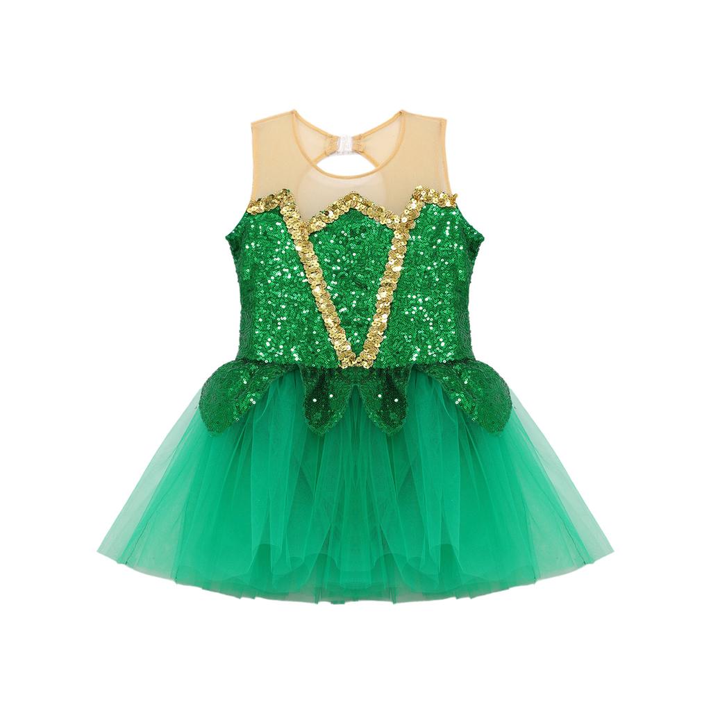 Girls Halloween Elf Cosplay Costume Sleeveless Keyhole Back Shiny Sequins Mesh Tutu Dress Bodysuit Jumpsuit