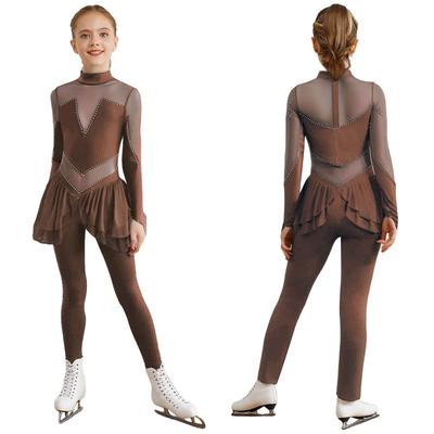 Комбинезон для выступлений по фигурному катанию для девочек, с воротником-стойкой, длинными рукавами, прозрачными сетчатыми вставками, блестящими стразами, цельный