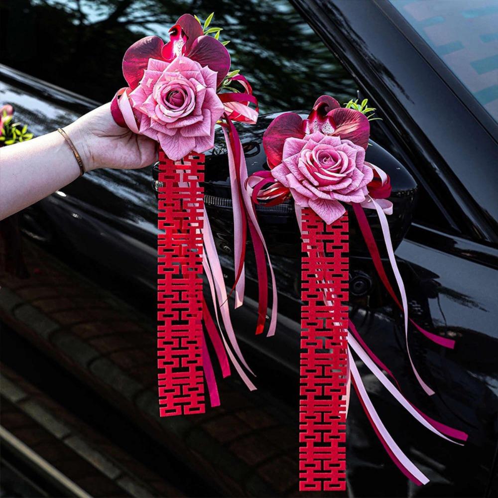 2Pcs Suction Cup Ribbon Wedding Car Flower Bowknot Bridal Car Decoration Photo Props