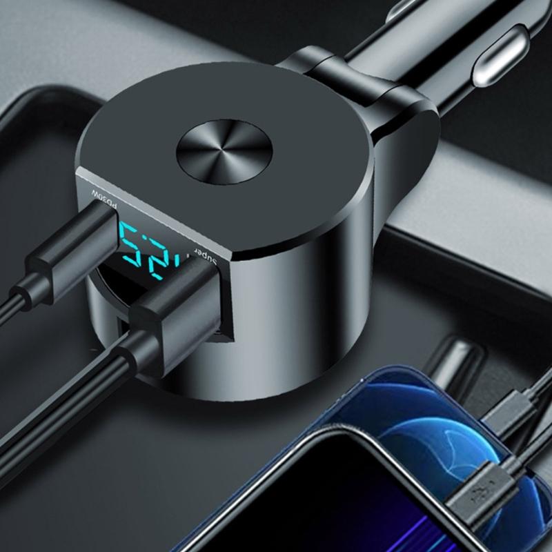 Портативное автомобильное зарядное устройство с выдвижным шнуром, поддержка быстрой зарядки PD30W, совместимость с широким диапазоном напряжений 12В-24В для телефонов