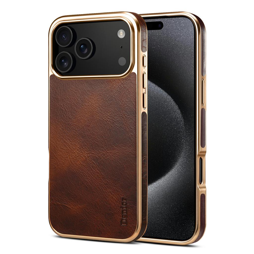 DENIOR A01 For iPhone 17 Pro Max Case Waxy Texture Genuine Cow Leather Electroplating Back Cover