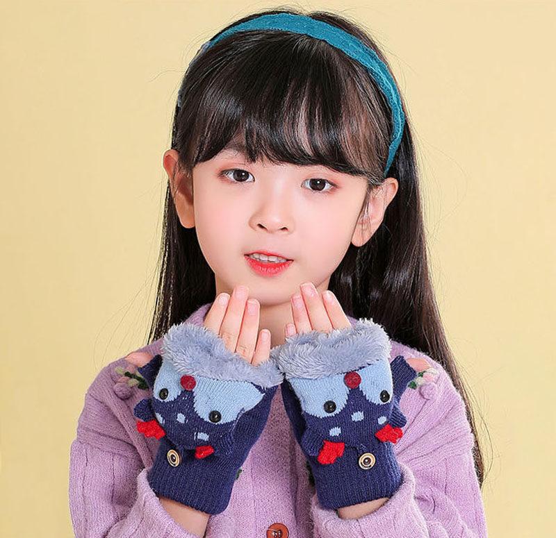4-12 Years Children Gloves Winter Knitted Half Finger Plush Thick Warm Cartoon Boy Girl Christmas Flip Gloves