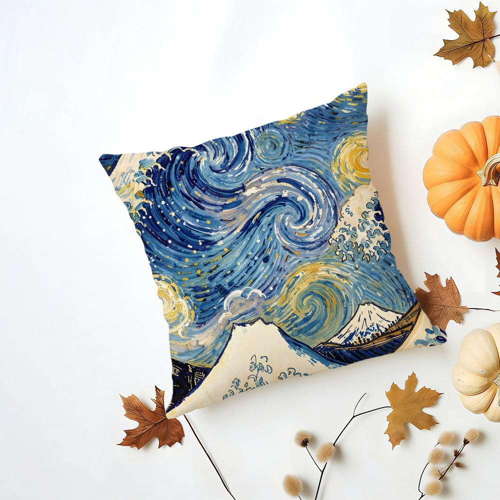HHokusai Great Wave Cushion Cover Washable Linen Pillowcase Soft for Daily Sofa Bed Home Room Decor