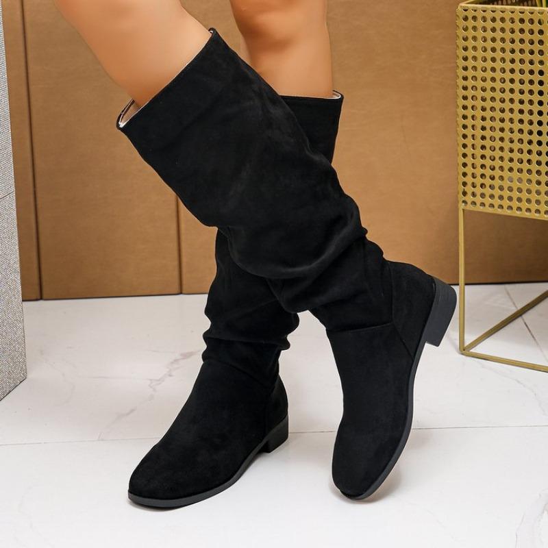 Fashion Women's Mid-heel Single Boots Spring New Round Head Suede Sleeve Fold Soft Sole Non-slip High Boots