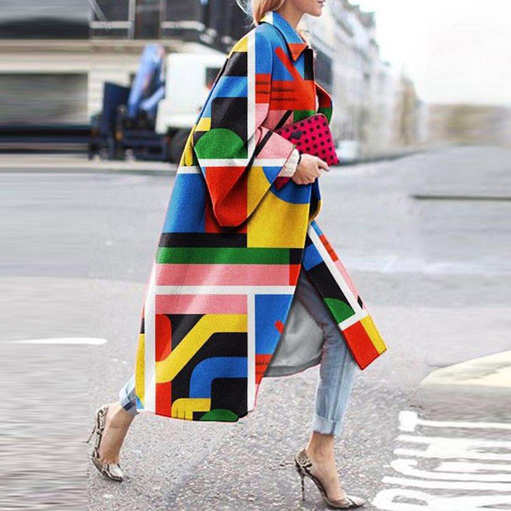 Модная женская карманная куртка с принтом, верхняя одежда, кардиган, пальто, длинный плащ