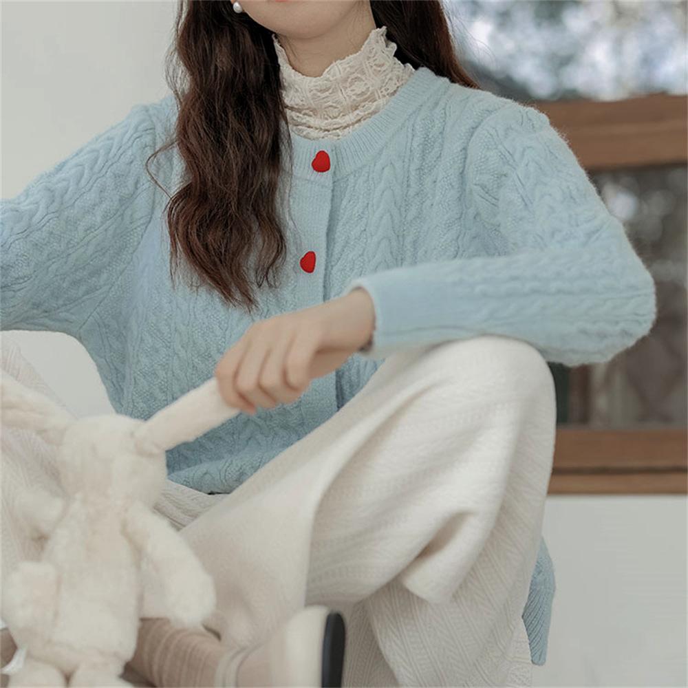 Autumn and Winter Women's Sweater Round Neck Love Button Fried Dough Twists Knitted Cardigan