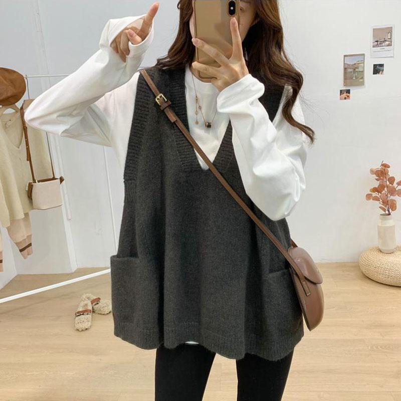 Autumn and Winter Loose All-match Sweater Large Size V-neck Knitted Vest Sleeveless Solid Color Female Top