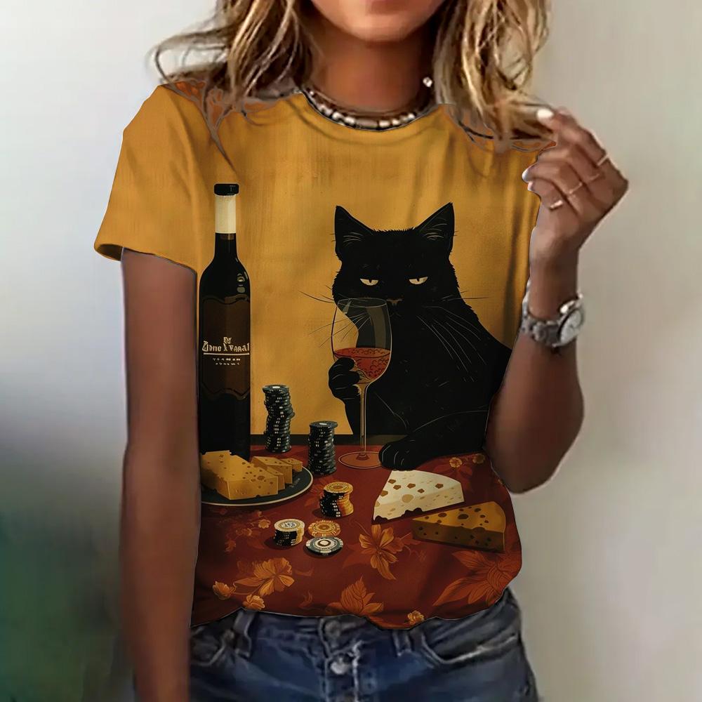 Женская футболка, летняя, с круглым вырезом, коротким рукавом, с рисунком кошки, топ, костюм на Хэллоуин, модная, свободная, с коротким рукавом, женская футболка 2024
