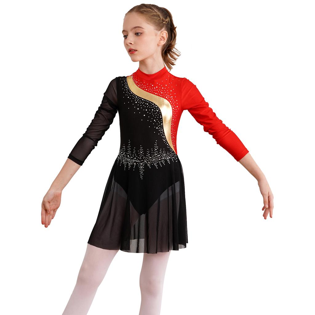 Kids Girls Dance Dress Figure Skating Performance Competition Costume Rhinestones Long Sleeve Dresses