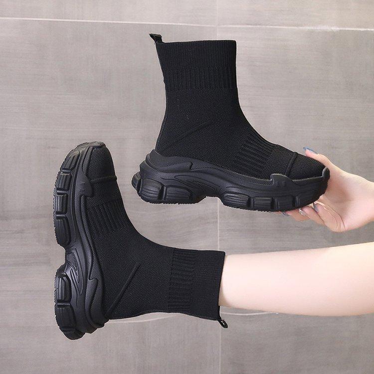 Носки и ботинки женские летние 2024 года новые черные высокие носки женские повседневные туфли на толстой подошве с эластичной тесьмой из мухи нишевая модная обувь