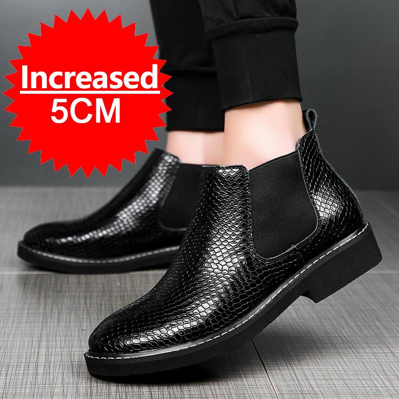 Men Snakeskin Pattern Boots Elevator Shoes Height Boots Man Increase Insole 5CM Slip-On Leather Ankle Boot Chelsea Boots
