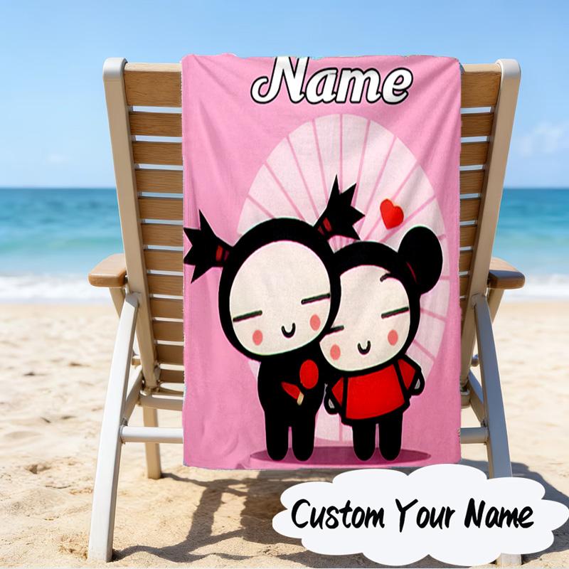 Custom Name Heartfelt Pucca Love Microfiber Beach Towel Super Soft & Absorbent for Bath, Beach, Travel Bath Time Accessory, Fan gifts