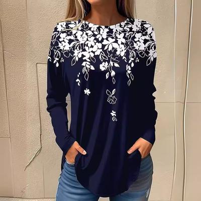 Летняя тонкая футболка с круглым вырезом и длинными рукавами с цветочным принтом 3D, повседневный свободный женский топ