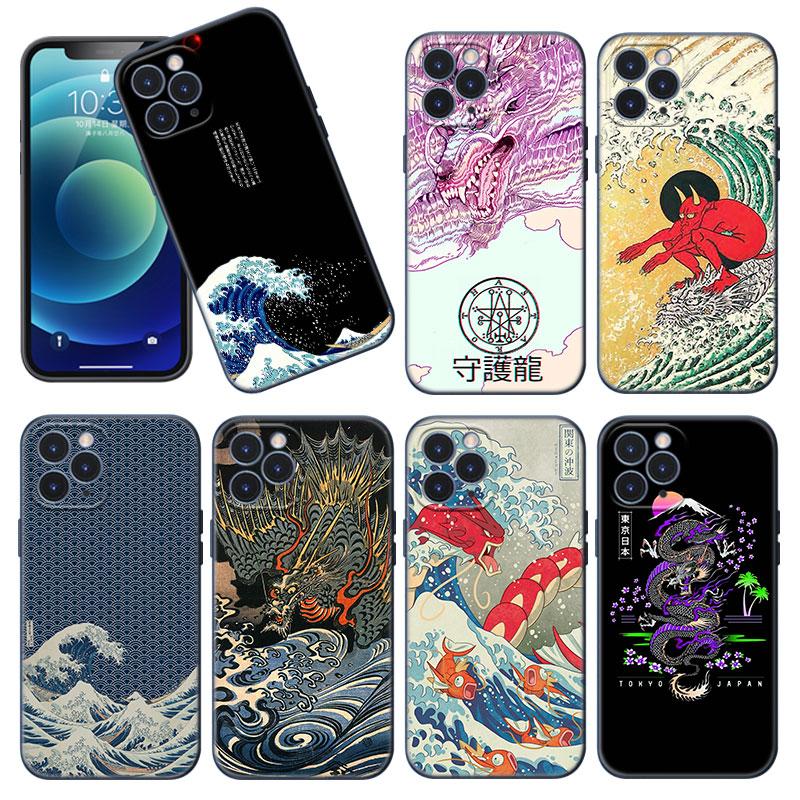 Japanese Wave Anime Dragon Phone Case For Apple iPhone 12 13 Mini 11 Pro Max XR X XS MAX 8 7 6S 6 Plus SE 5S 5 2020 Black Cover