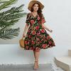 Summer Women’s V-neck Short Sleeve Floral Print Dress High Waist Slim Comfortable Breathable Dress Casual Vacation Beach Plus Size Dress