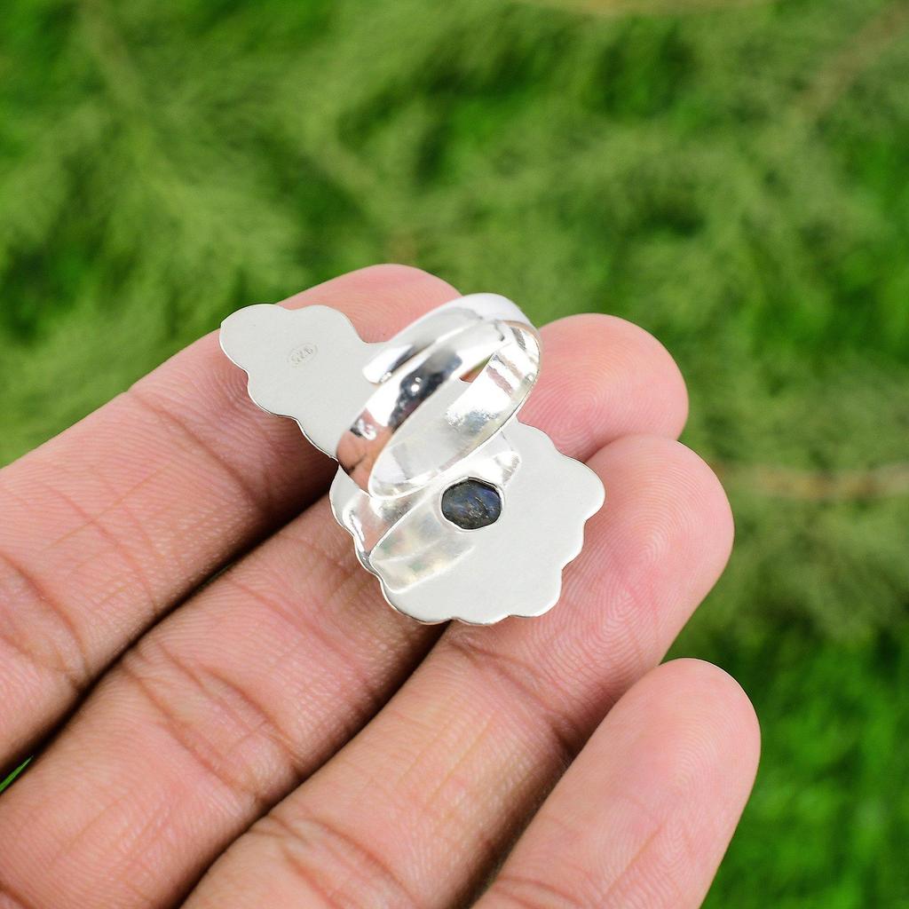 925 Sterling Silver Round Labradorite Stone Unique Birthday Flower Ring Jewelry