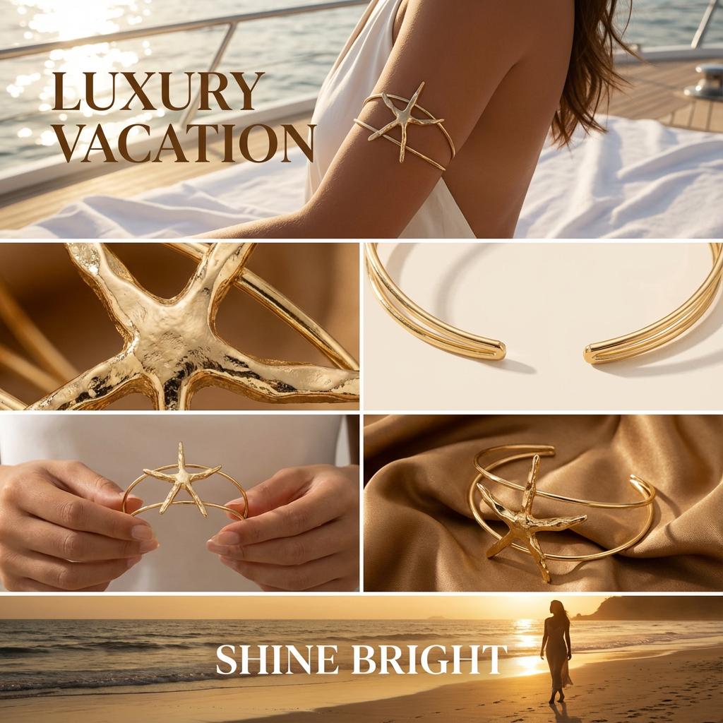 Bohemian Metal Starfish Arm Cuff Bangles for Women Cute Fat Star Adjustable Open Upper Arm Bracelet Summer Beach Jewelry