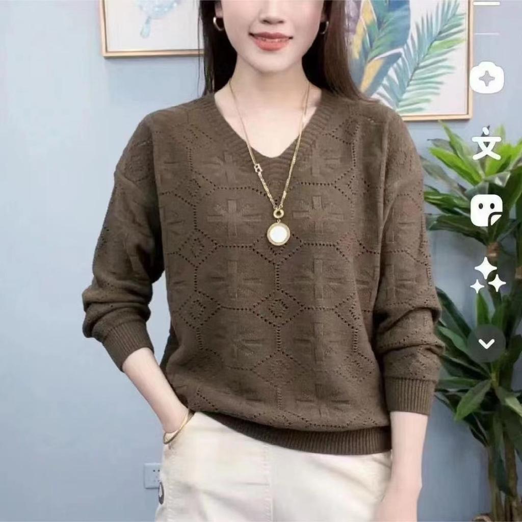Spring and Autumn New Sweater Knitwear Hollow V-neck Versatile Fashion Loose Bottom T-shirt Small Shirt Women's Casual Solid Color