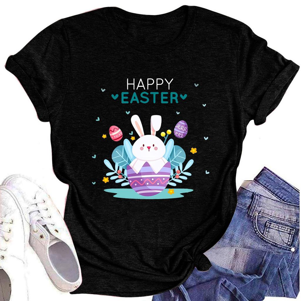Women's Casual Short Sleeve Easter Printed Round Neck Short Sleeve T-Shirt Top
