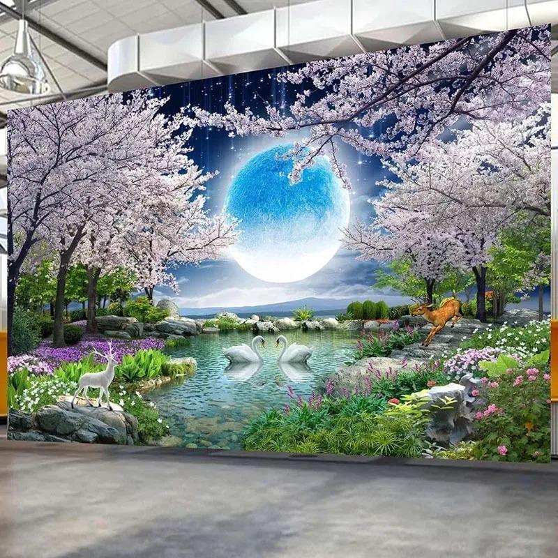 3d Луна Цветы Фотообои Дерево Лебедь Пейзаж Настенная роспись Гостиная Спальня Фон Обои Декор