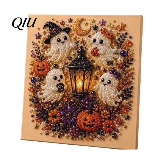 Handmade Home Decoration Supplies Ghost Faux Pearl Art DIY Kit with Frame, Halloween Cat Painting Bead Mosaic Kits for Relaxation Kit, 3D