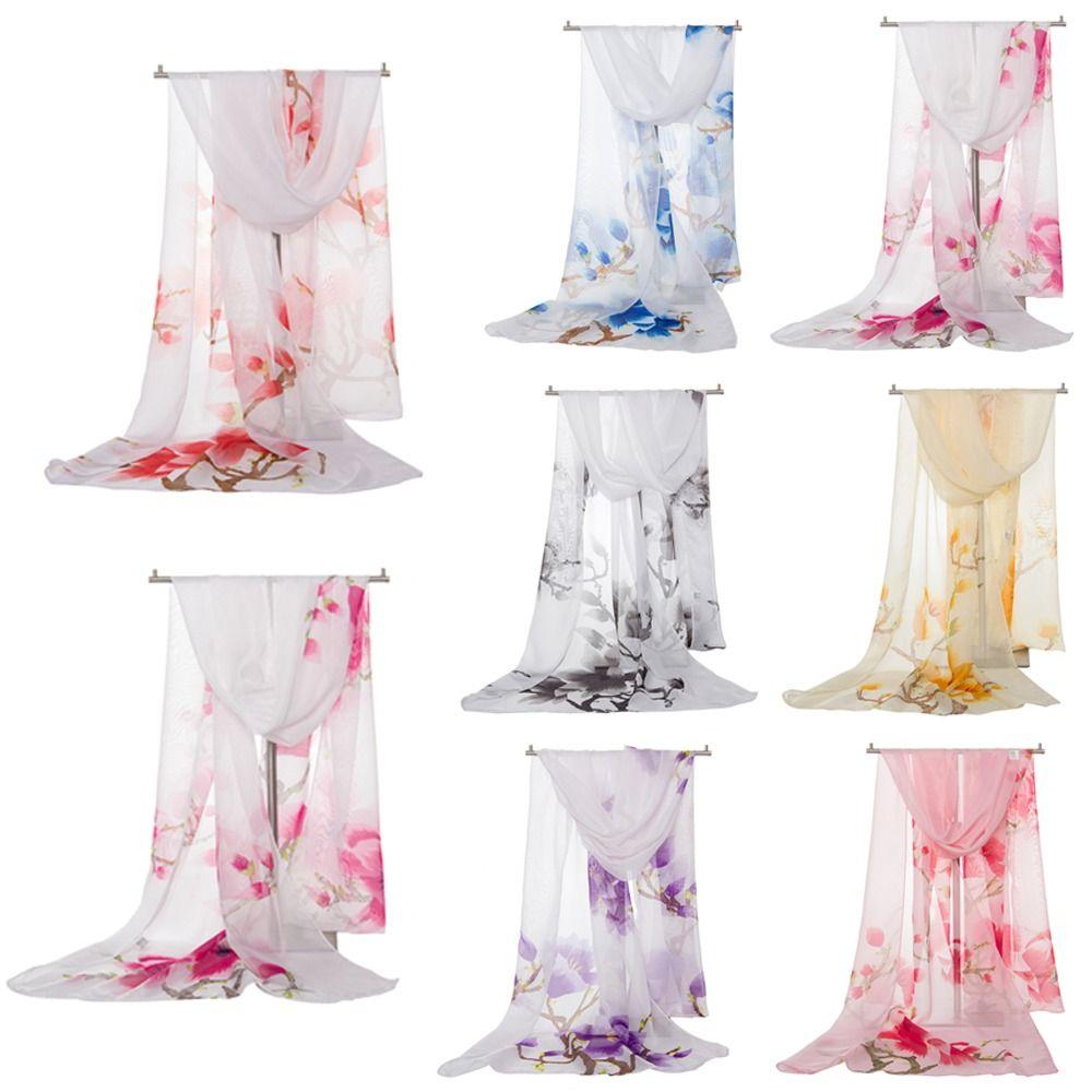 Flower Print Long Wrap Shawl 160*50cm Beach Gauze Scarf Elegant Shawl Silk for Women