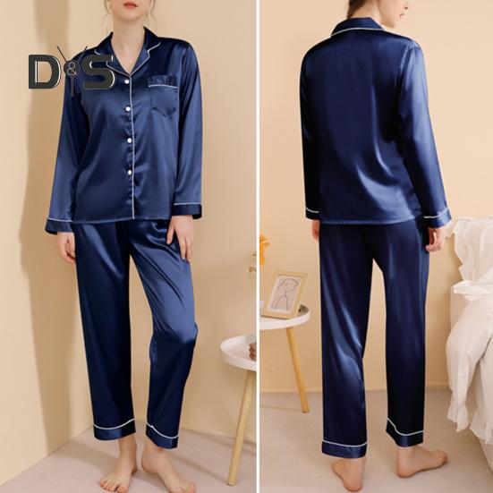 2 шт./комплект пижамный костюм атласный однобортный кардиган рубашка V-образный вырез воротник однотонная рубашка широкие свободные брюки ночная рубашка одежда для сна